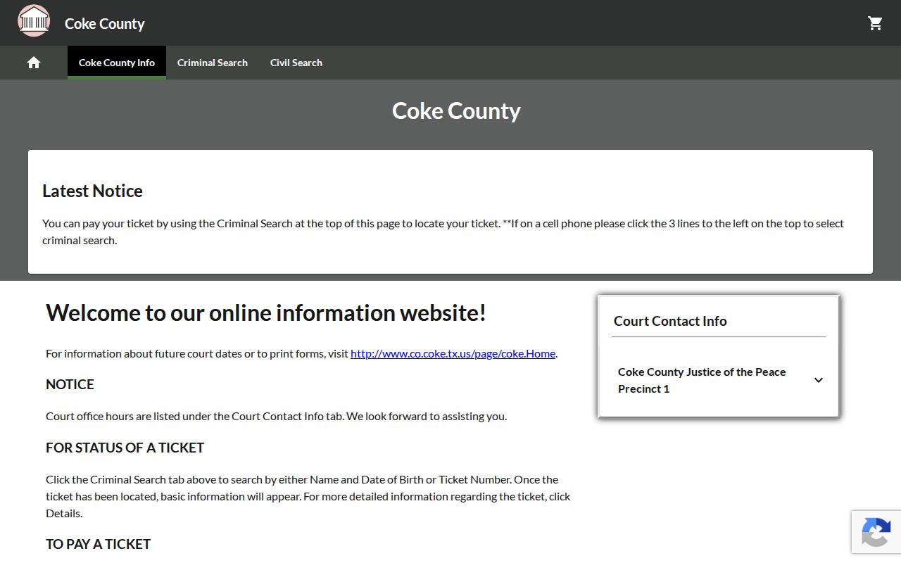 Coke County traffic warrant search: linked citation-payment landing page