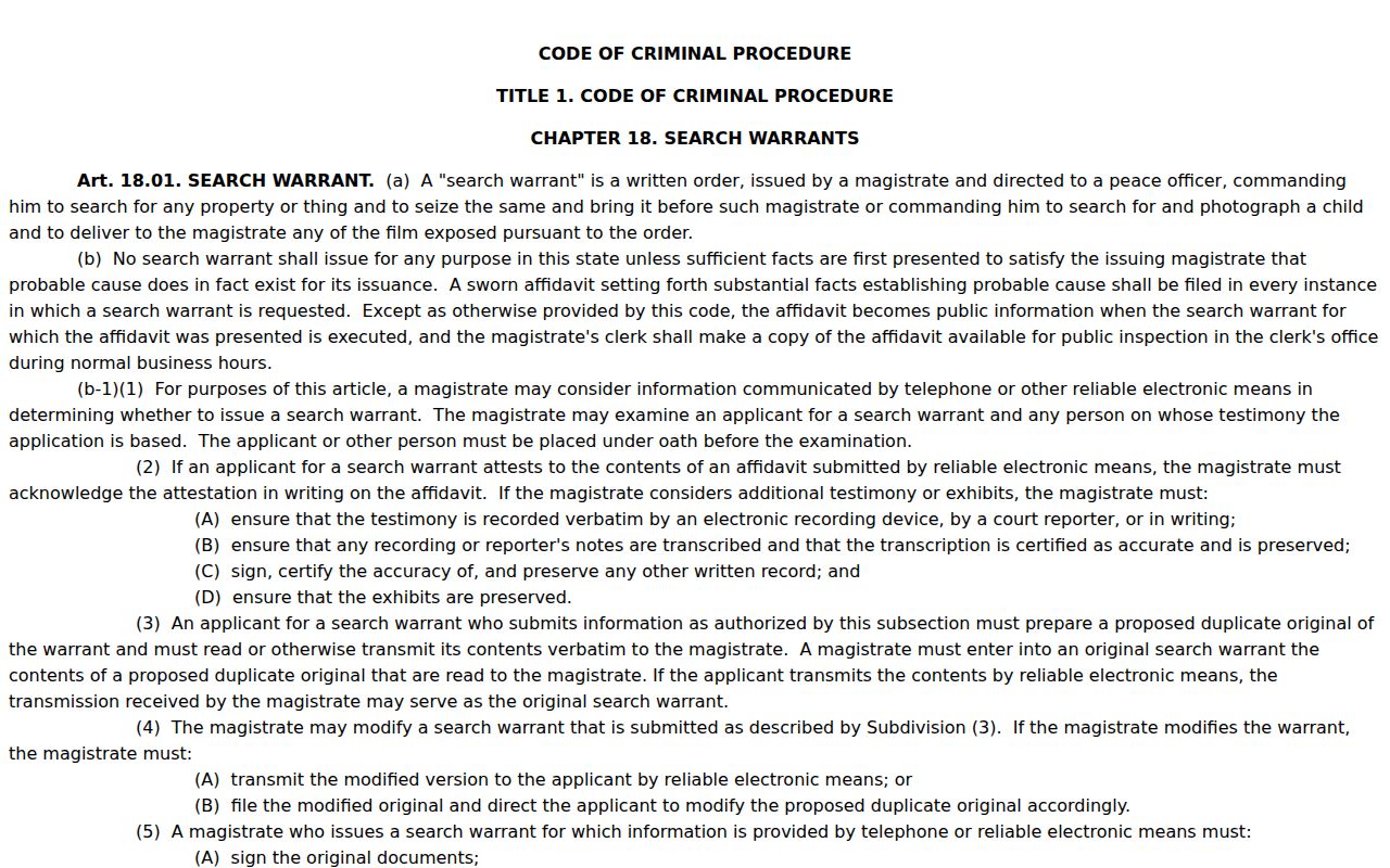 Coke County arrest warrants: separate Texas search-warrant statute reference