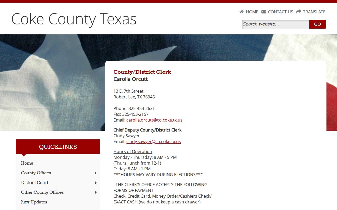 Coke County warrant lookup: County and District Clerk contact block